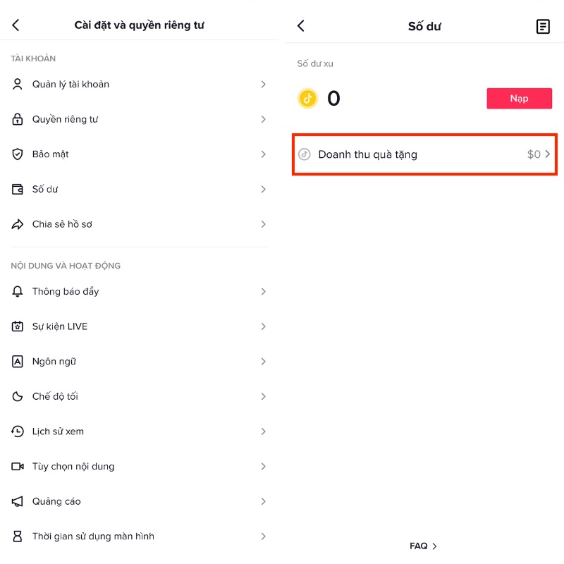 Bước 2: Tại giao diện → Chọn “Số dư” → Chọn “Doanh thu quà tặng”