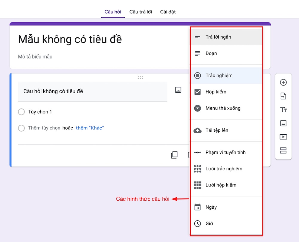 - Bạn cũng có thể thêm hình ảnh cho câu hỏi, lựa chọn câu hỏi có phải bắt buộc hay không, hình thức câu hỏi (trắc nghiệm, hộp kiểm, trả lời ngắn, đoạn trả lời….)