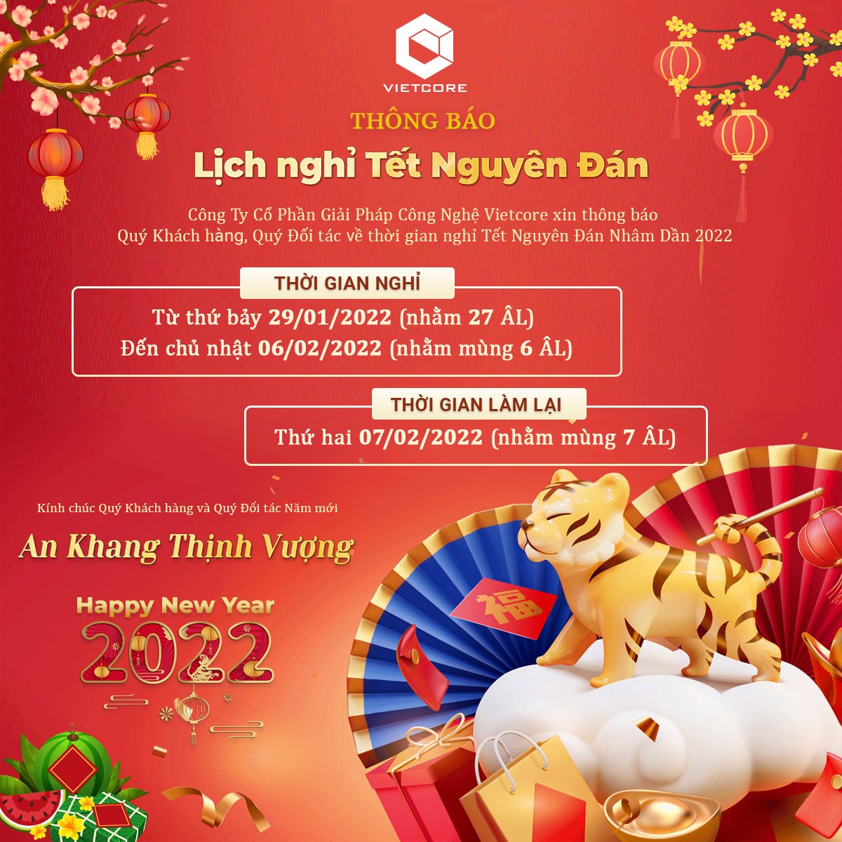 Vietcore thông báo nghỉ Tết Nhâm Dần 2022